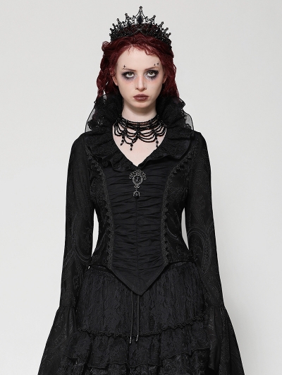 Black Gothic Queen Jacquard Ruffle V-Neck Shirt for Women