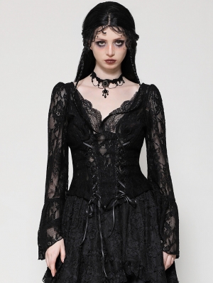 Black Gothic Dark Lace Sexy Deep V-Neck Shirt for Women