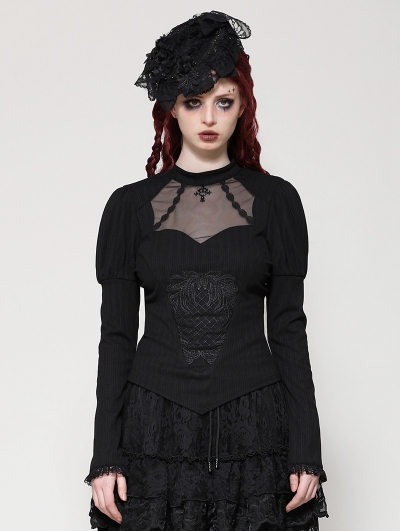 Black Gothic Embroidered Illusion Neck Puff Sleeve Top for Women