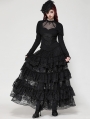 Black Gothic Embroidered Illusion Neck Puff Sleeve Top for Women