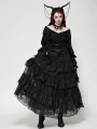 Black Gothic Victorian Jacquard Velvet Ruffle V-Neck Shirt for Women