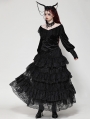 Black Gothic Victorian Jacquard Velvet Ruffle V-Neck Shirt for Women