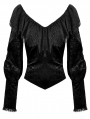 Black Gothic Victorian Jacquard Velvet Ruffle V-Neck Shirt for Women