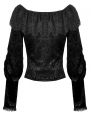 Black Gothic Victorian Jacquard Velvet Ruffle V-Neck Shirt for Women