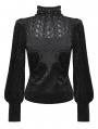 Black Gothic Noble Jacquard Velvet Lantern Sleeve Top for Women