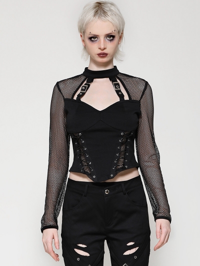 Black Punk Dark Gothic Hollow Out Studded Top for Women