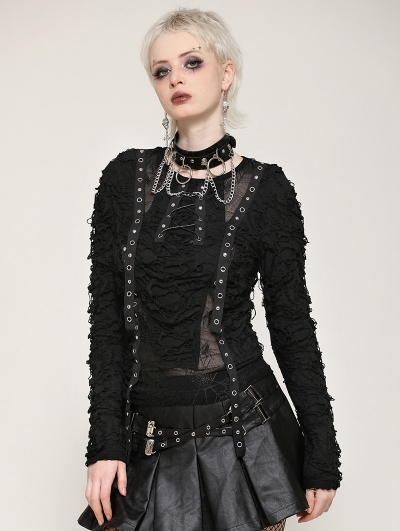 Black Gothic Punk Metal Distressed Spider Web Mesh Top for Women