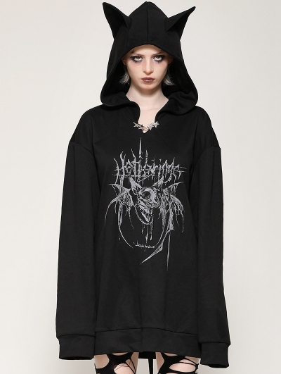 Black Gothic Printed Loose Bat Ear Tail Pullover Hoodie for Women