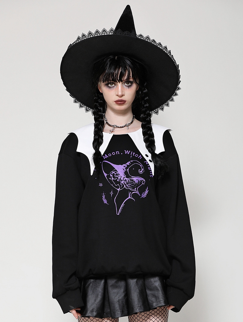 Black and White Gothic Bat-Neck Printed Loose Sweatshirt for Women