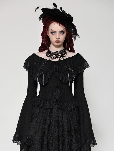 Black Gothic Oversized Ruffled Collar Tie Lace Trim Shirt for Women