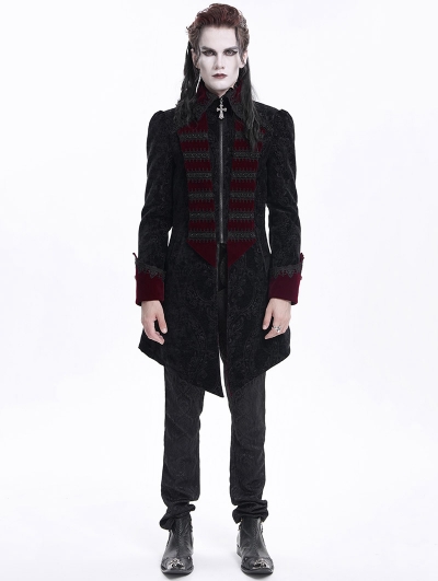 Black and Red Gothic Vintage Pattern Velvet Party Tailcoat for Men