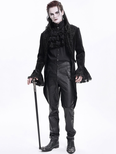 Black Victorian Gothic Velvet Open Front Embroidered Tailcoat for Men