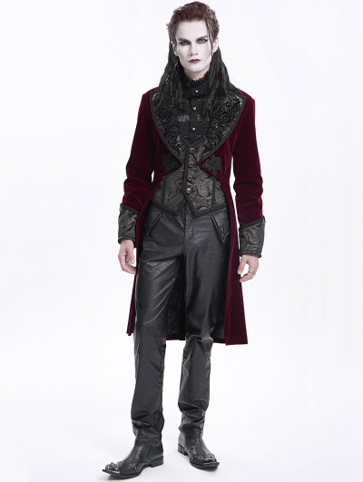 Wine Red Retro Gothic Embroidery Velvet Tailcoat for Men