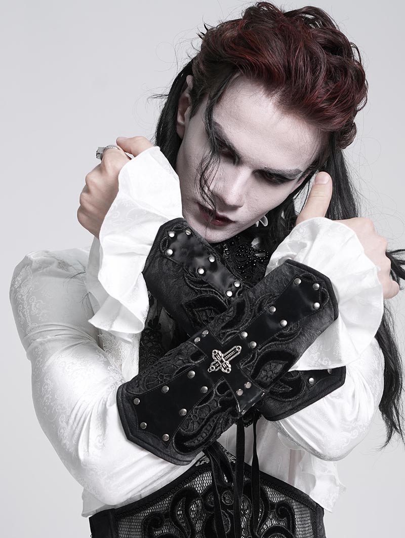 Black Gothic Punk Cross Studded Lace Up Gloves for Men