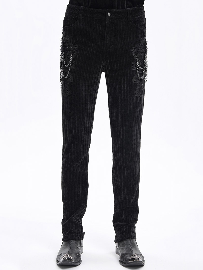 Black Gothic Vintage Embroidery Lace Appliqued Slim Fit Pants for Men