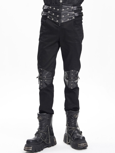 Black Gothic Punk Studded Faux Leather Spliced Trousers for Men