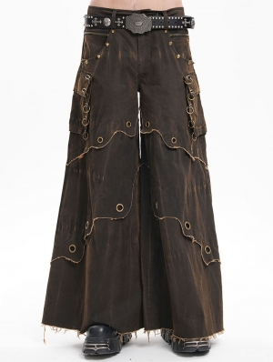 Coffee Gothic Punk Eyelet Studded Wide Leg Pants for Men