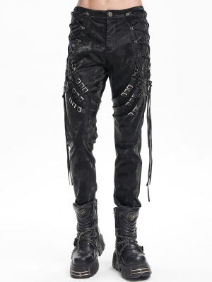 Black Gothic Punk Multi-Buckle Strap Fitted Pants for Men