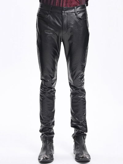 Black Gothic Embossed Faux Leather Slim Fit Pants for Men