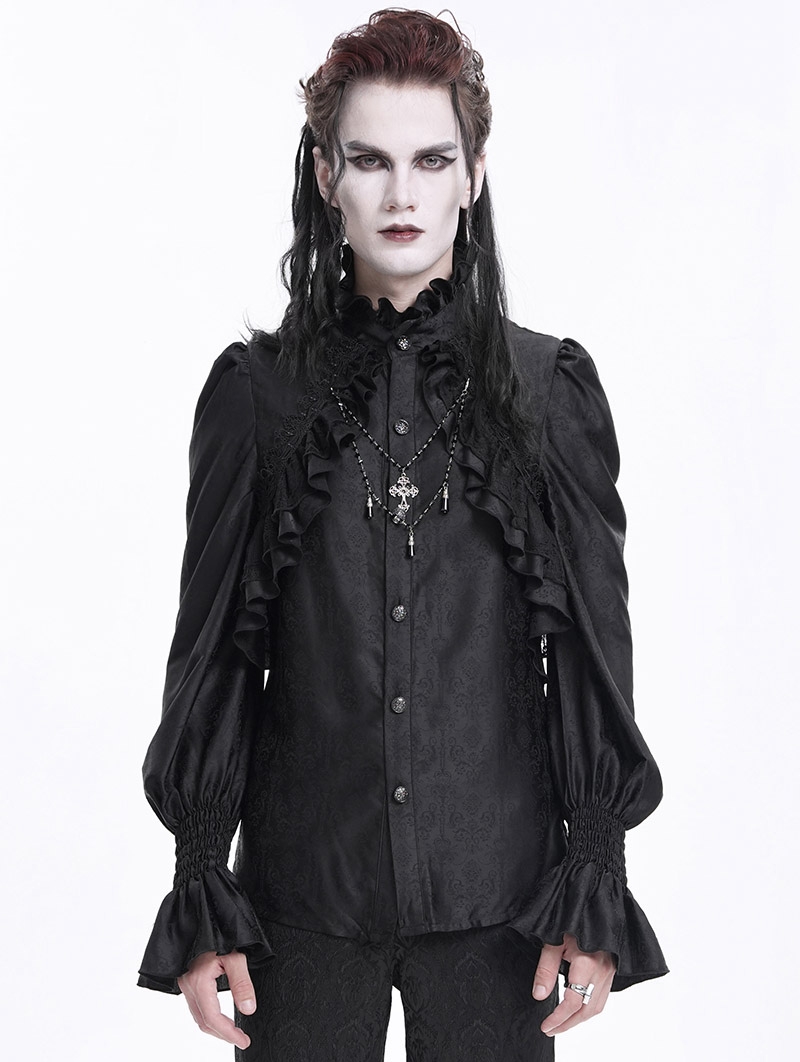 Black Gothic Vintage Ruffled Lace Cross Party Shirt for Men