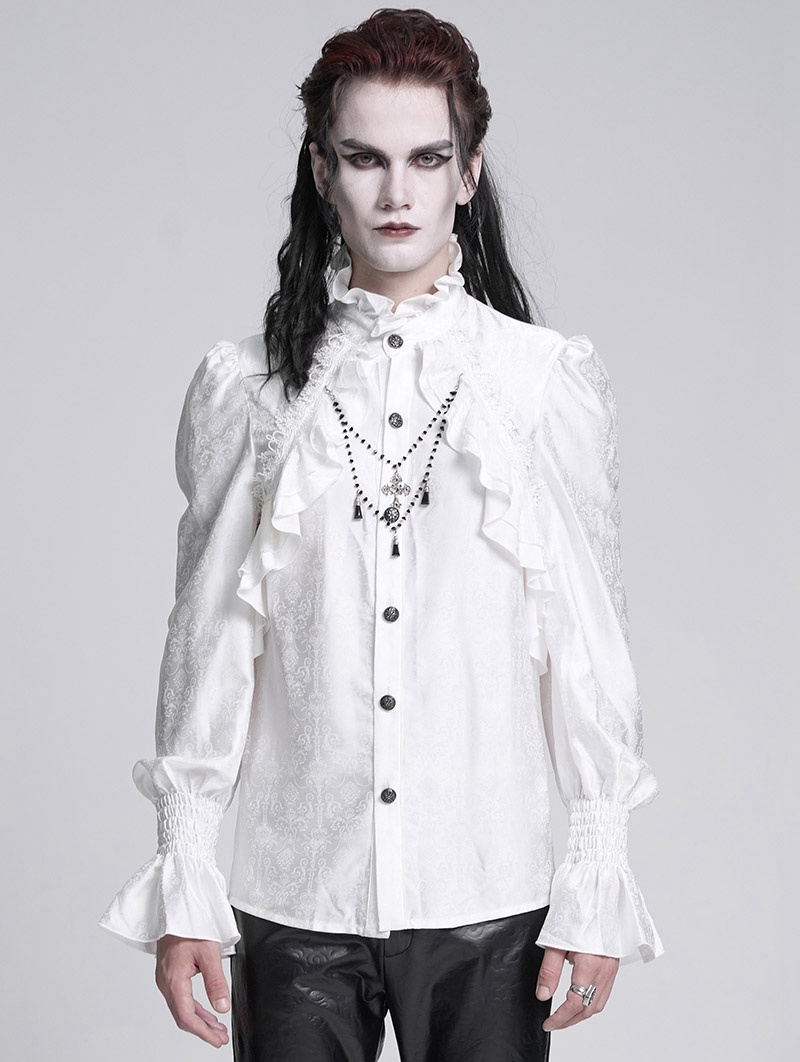 White Gothic Vintage Ruffled Lace Cross Party Shirt for Men