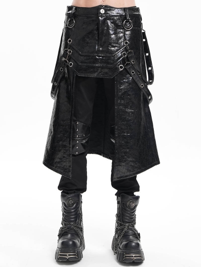 Black Gothic Punk Rock Eyelet Strap Synthetic Leather Skirt for Men