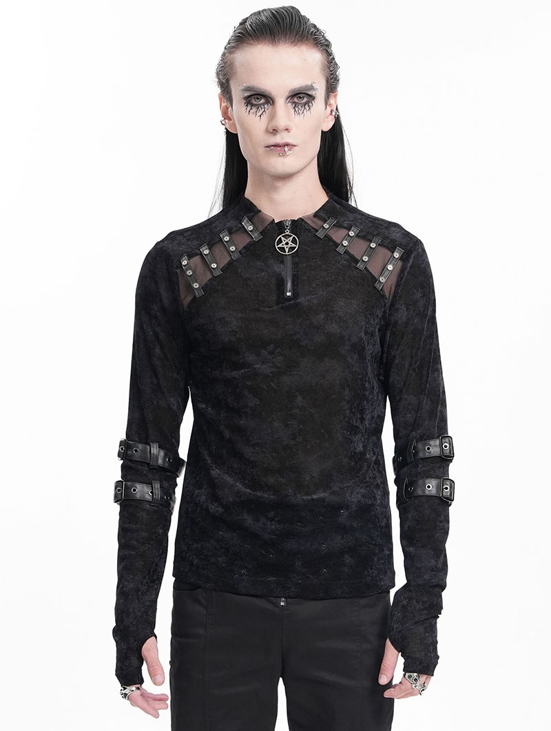 Black Gothic Punk Mesh Splicing Long Sleeve Thumbhole T-Shirt for Men