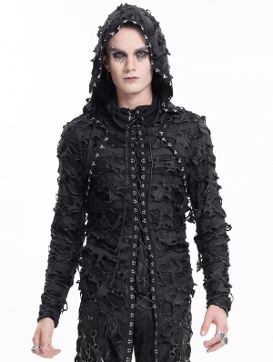 Black Gothic Punk Ripped Lace-Up Long Sleeve Hooded T-Shirt for Men