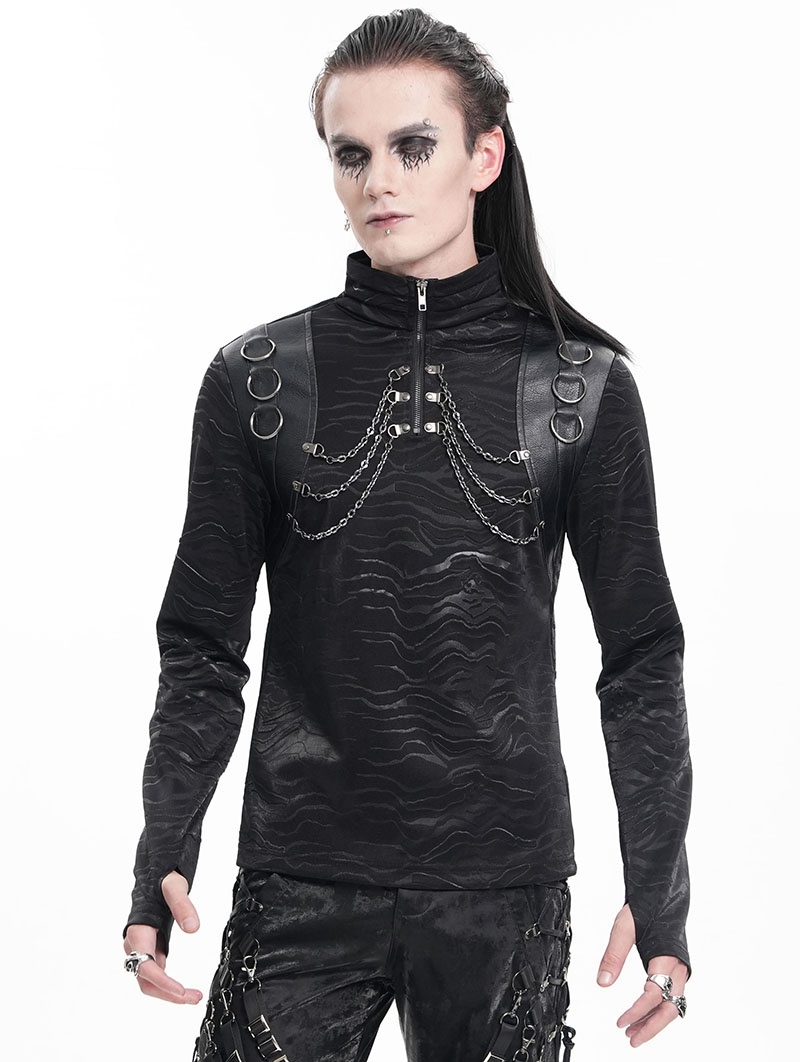 Black Gothic Punk Chain O-Ring Stand Collar T-Shirt for Men