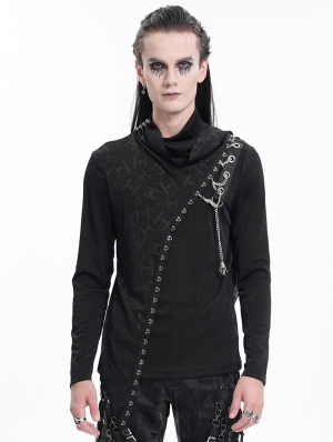 Black Gothic Punk Chain Asymmetric Fitted Long Sleeve T-Shirt for Men