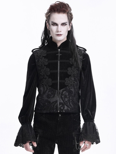 Black Victorian Gothic Embroidery Stand Collar Zip-Up Waistcoat for Men