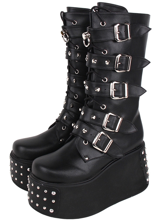 Black Gothic Punk Metallic Rivet Platform Mid-Calf Boots