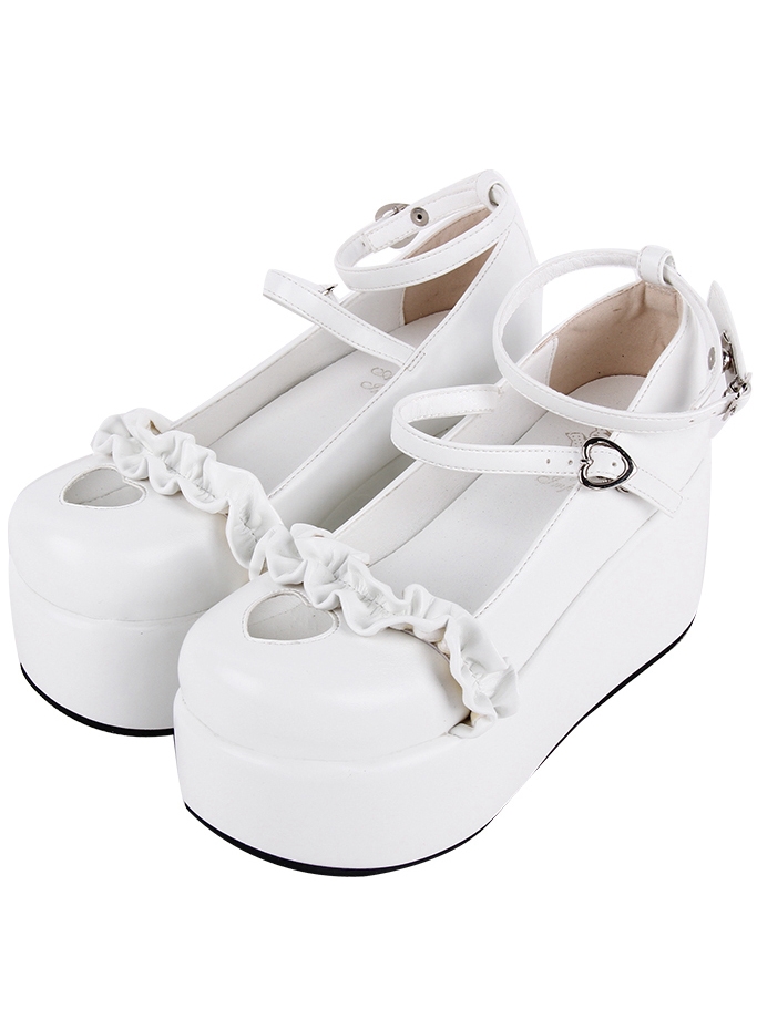 White Sweet Ruffle Ankle Strap Lolita Platform Shoes