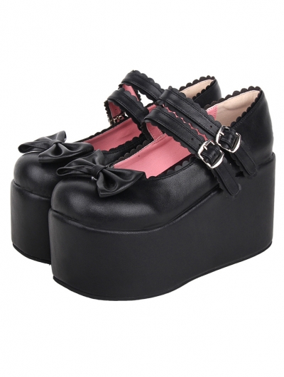 Black Double Buckle Ruffled Strap Lolita High Platform Shoes