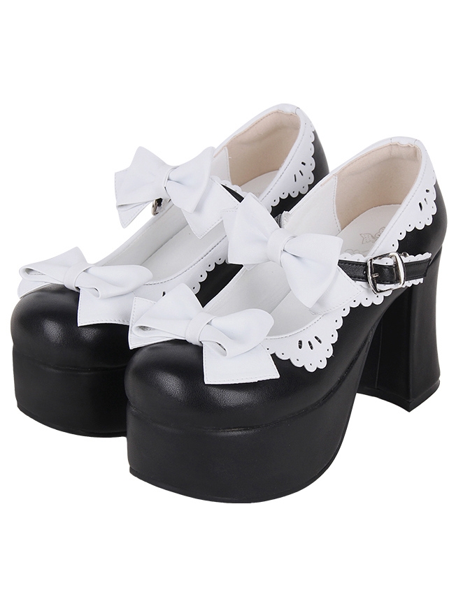 Black and White High Chunky Heel Bow Strap Lolita Shoes