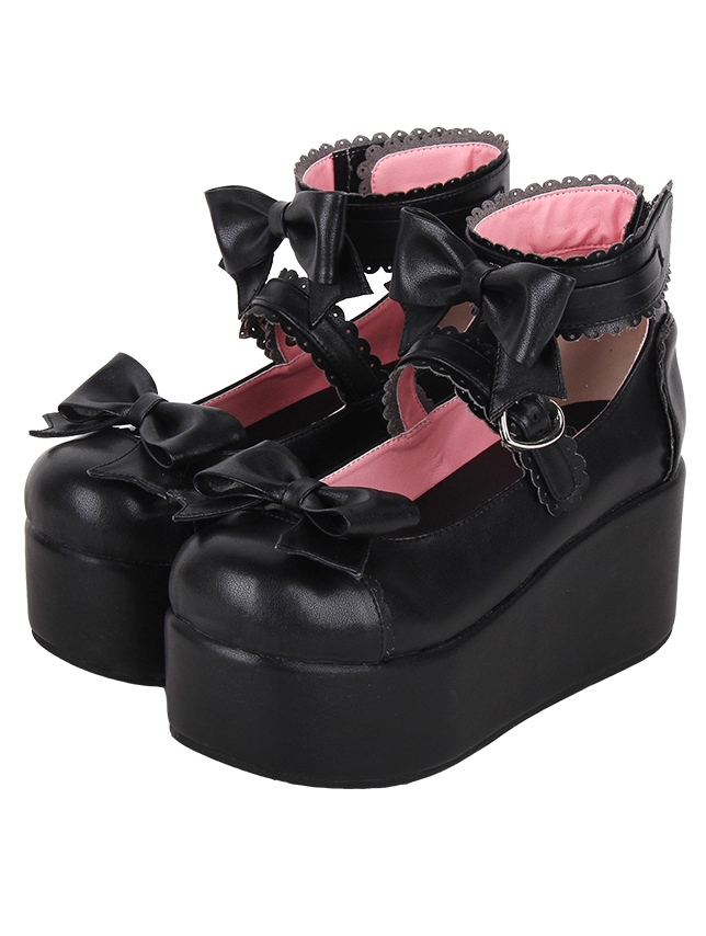 Black Gothic Sweet Bow Ankle Strap Wedge Platform Lolita Shoes