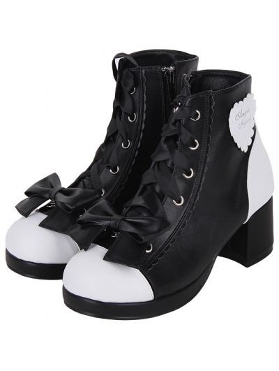 Black and White Sweet Bow Heeled Lace Up Lolita Ankle Boots