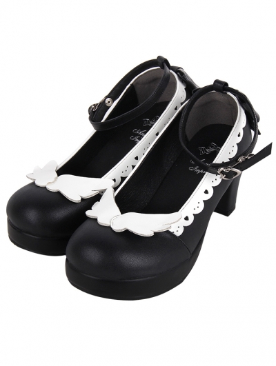 Black/White Ruffle Trim Ankle Strap Lolita Heeled Shoes