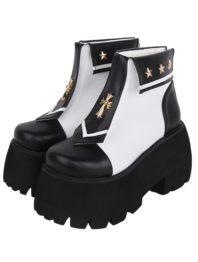 Black Gothic Lolita Cross Star Studded Flap Ankle Boots