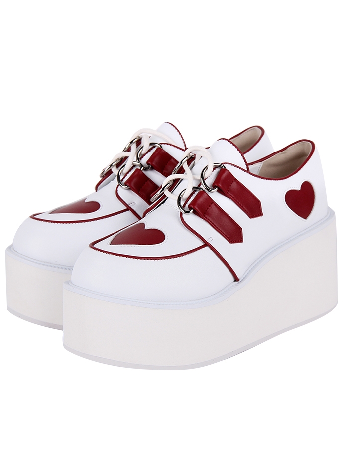 White and Red Heart Strappy Wedge Platform Sweet Lolita Shoes