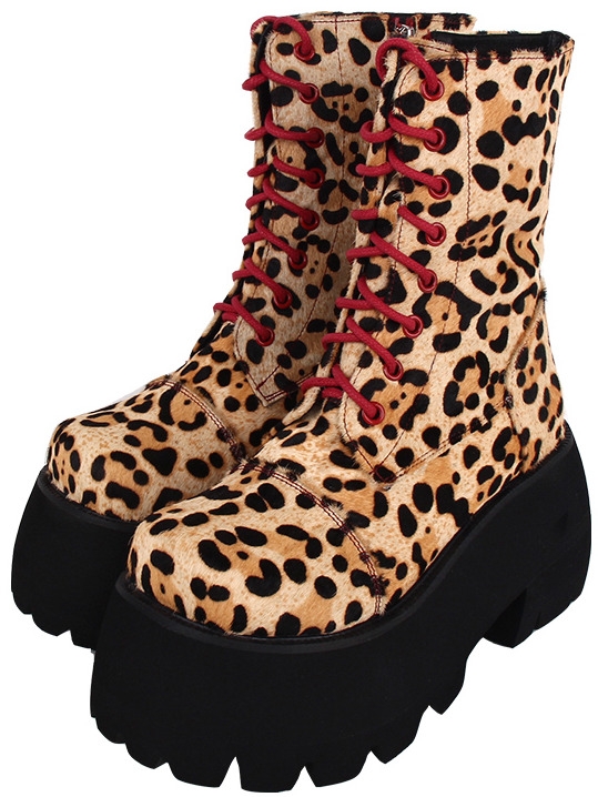 Black Platform Punk Gothic Leopard Print Lace-Up Boots