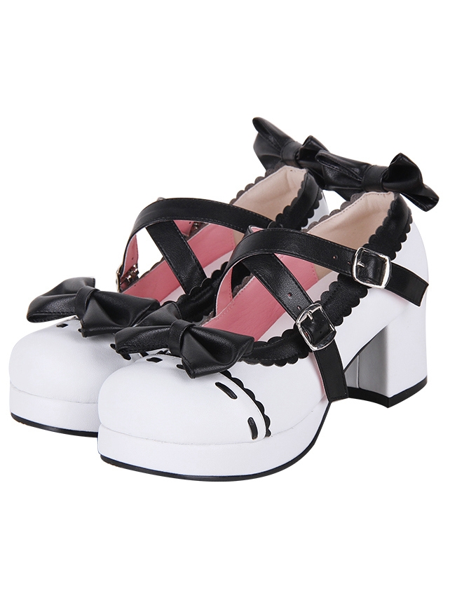 Black/Pink Bowknot Cross Strap Block Heel Sweet Lolita Shoes