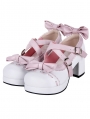 Black/Pink Bowknot Cross Strap Block Heel Sweet Lolita Shoes