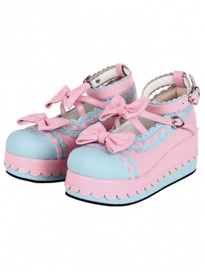 Pink and Blue Round Toe Sweet Lolita Platform Shoes with Bow