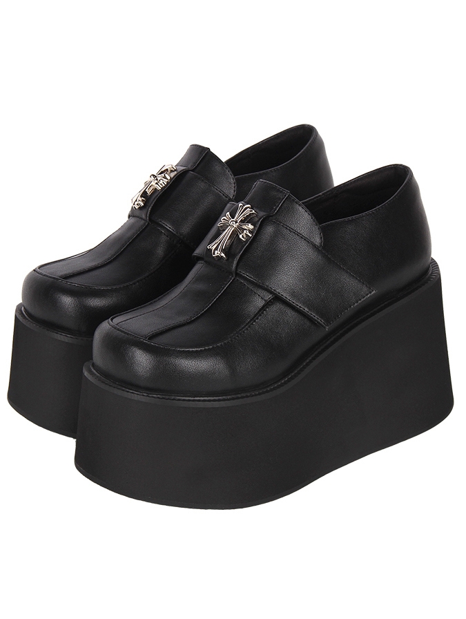 Black Gothic Punk Metal Cross High Platform Shoes