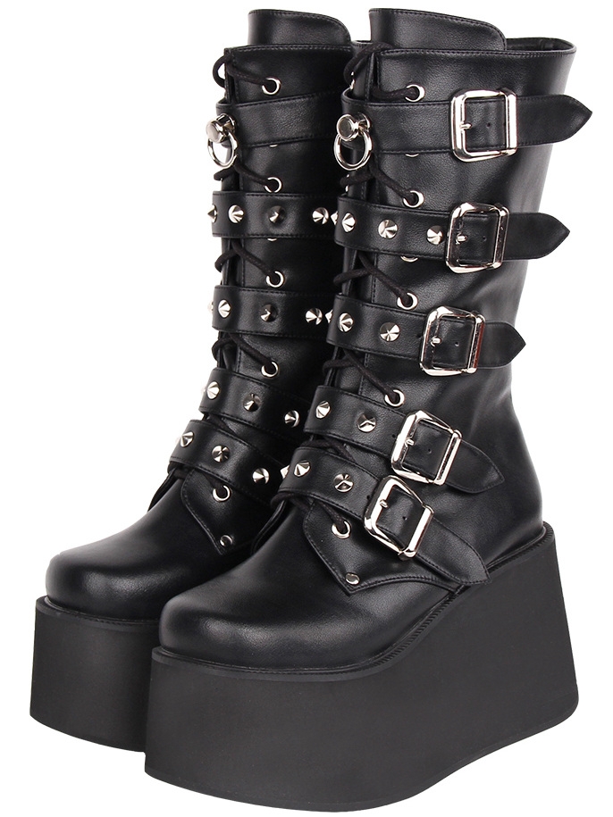 Black Punk Gothic Buckle Rivet Mid-Calf Platform Boots