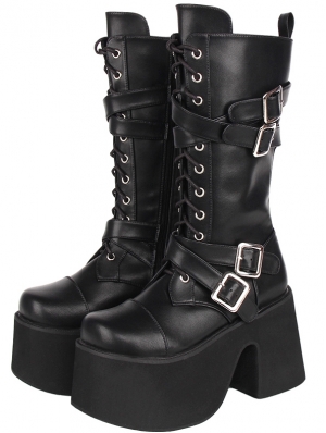 Black Punk Gothic Cross Buckle Strap Platform Mid-Calf Boots