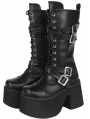 Black Punk Gothic Cross Buckle Strap Platform Mid-Calf Boots