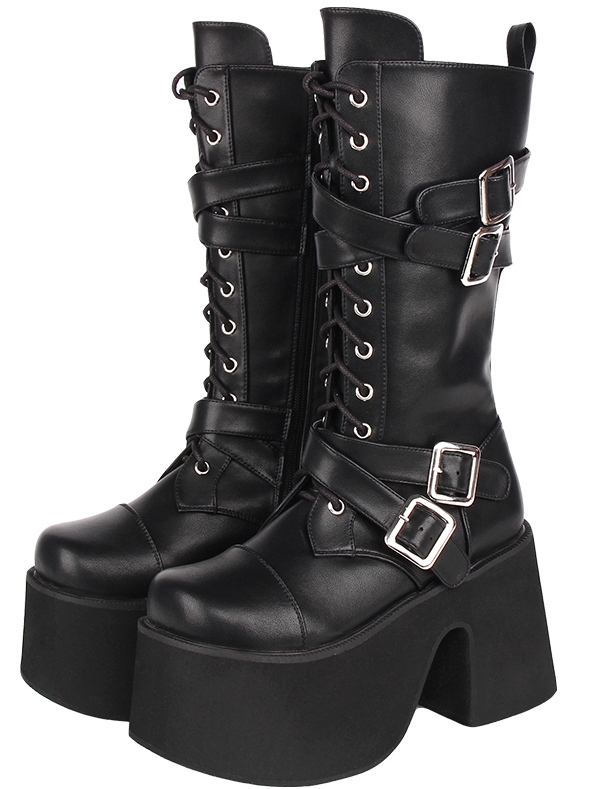 Black Punk Gothic Cross Buckle Strap Platform Mid-Calf Boots