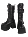 Black Punk Gothic Cross Buckle Strap Platform Mid-Calf Boots